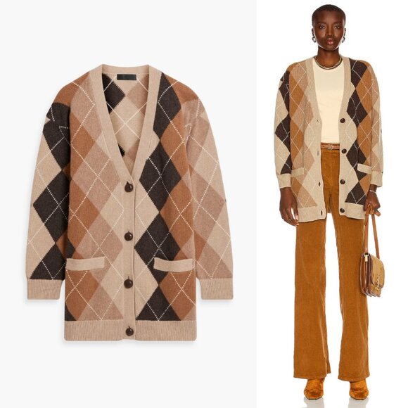 Nili Lotan Sweater Wool Cardigan Sofhie Argyle Large Brown Neutral - Picture 1 of 12